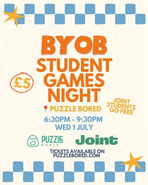 Little reminder… our BYOB games night with @puzzlebored is coming up soon 🎲🧡⁠
(New date: Wednesday 1st July!)⁠
⁠
🎟 Joint students – free ticket via bio⁠
🎟 Non-Joint – book through Puzzle Bored⁠
Don’t leave it last minute… tickets are going 👀⁠
⁠
All Brighton students welcome!⁠