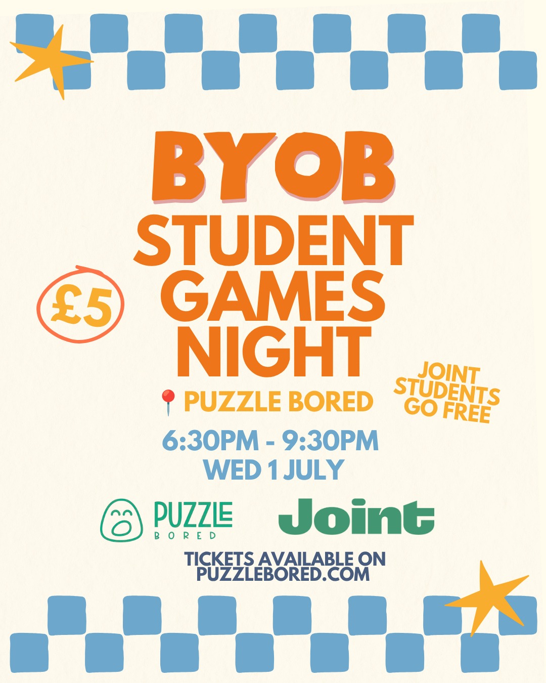 Little reminder… our BYOB games night with @puzzlebored is coming up soon 🎲🧡⁠
(New date: Wednesday 1st July!)⁠
⁠
🎟 Joint students – free ticket via bio⁠
🎟 Non-Joint – book through Puzzle Bored⁠
Don’t leave it last minute… tickets are going 👀⁠
⁠
All Brighton students welcome!⁠