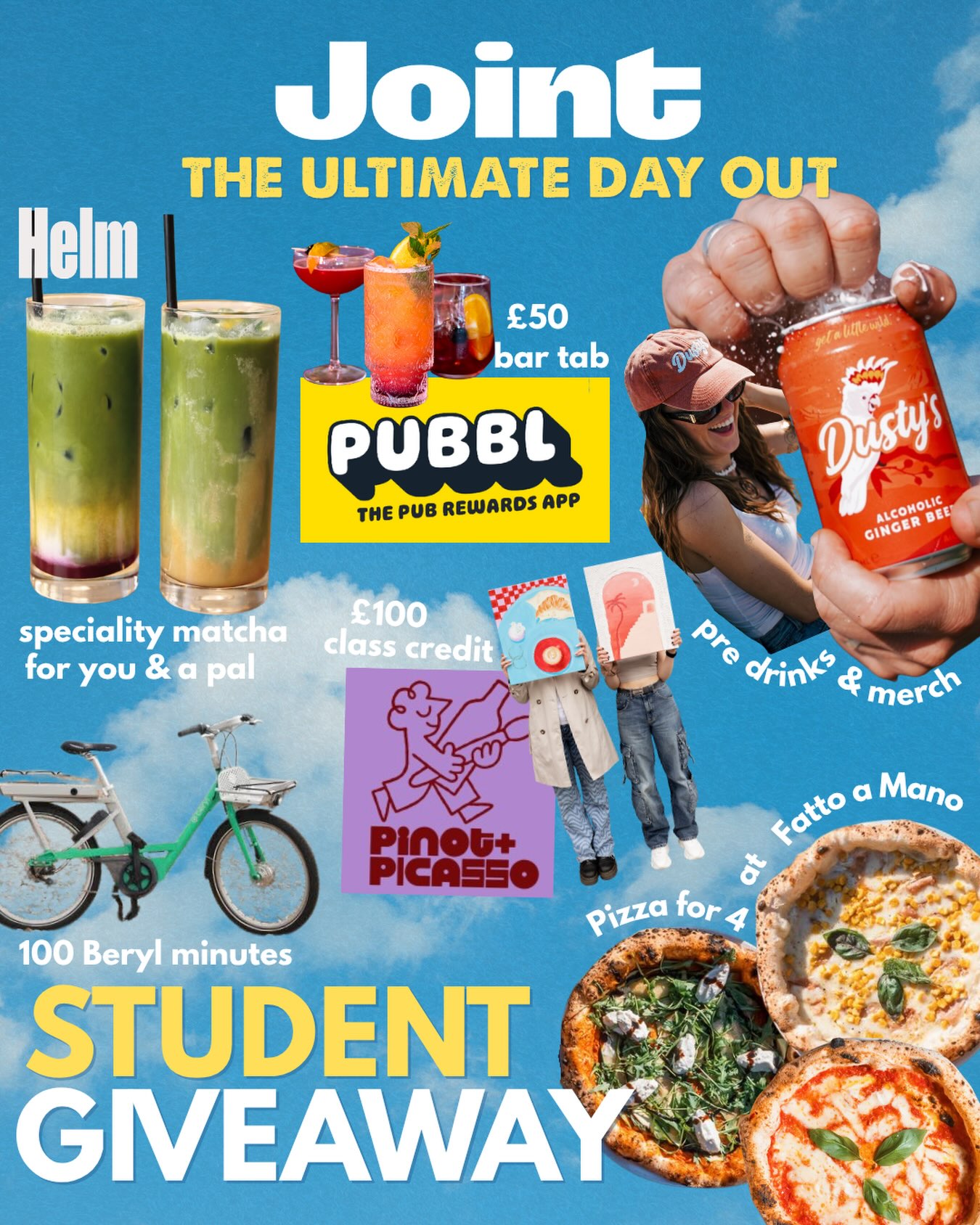 THE ULTIMATE STUDENT DAY OUT IN BRIGHTON 🎨🍕🌈

We’re closing our Summer giveaway series with a BANG! Teaming up with some of our favourite local spots to give you the ⭐ dream itinerary ⭐

Grab yourself a banana bread matcha at Helm Art Gallery before creating a beautiful canvas for your home at Pinot & Picasso…

Beryl around the city before grabbing an ice-cold Dusty’s on the beachfront, complete with some very stylish merch to keep you shaded from the sun…

Start your night with a group of mates over Neapolitan pizza at Fatto a Mano, then end the evening dancing at one of your favourite pubs, with a couple of rounds on PUBBL!

HOW TO ENTER:
 ✨ Follow @joint_living, @helmgallery_, @pinotandpicassouk , @dustysgingerbeer, @fattoamanopizza, @pubbl.app
 ✨ Like this post
 ✨ Tag a friend or fellow student in the comments (each tag = 1 entry)
 ✨ Bonus entry: Repost for an extra entry

Joint Living offers all-bills-included student houses across Brighton and other UK cities, with so many fun perks! Free community events for all Joint students too. 🏡

Good luck 🧡

T&Cs:
18+, UK only, giveaway closes 1st September at 4pm
* Winner will be contacted on @joint_living ONLY. If the prize isn’t claimed within 72 hours, another winner will be chosen*

#win #ukgiveaway