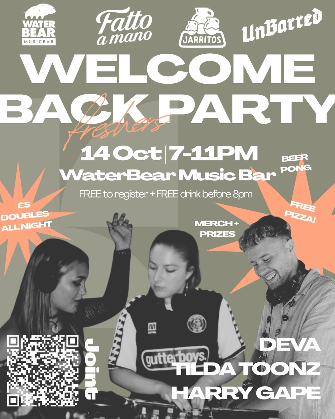 Don’t miss out on THE freshers event on the year happening next week! 👀

Arrive before 8pm for a FREE drink from @jarritosuk 🍹Expect free pizza from @fattoamanopizza, £5 doubles all night, merch, prizes and plenty more! 🍸🍕

And of course we’ve got an incredible lineup of back to back DJs joining us 🎧@tildatoonz @dj_deva_____x @harrygape 

Wednesday 14th October
7-11pm
WaterBear Music Bar - Kemptown 

We’ve been working hard to get some mega brands involved & treat you 🧡 

SO FAR… @jarritosuk @unbarredbrewery @fattoamanopizza 💥 

Grab your free ticket via the link in our bio - they’re going very quick!! 🪩🕺
